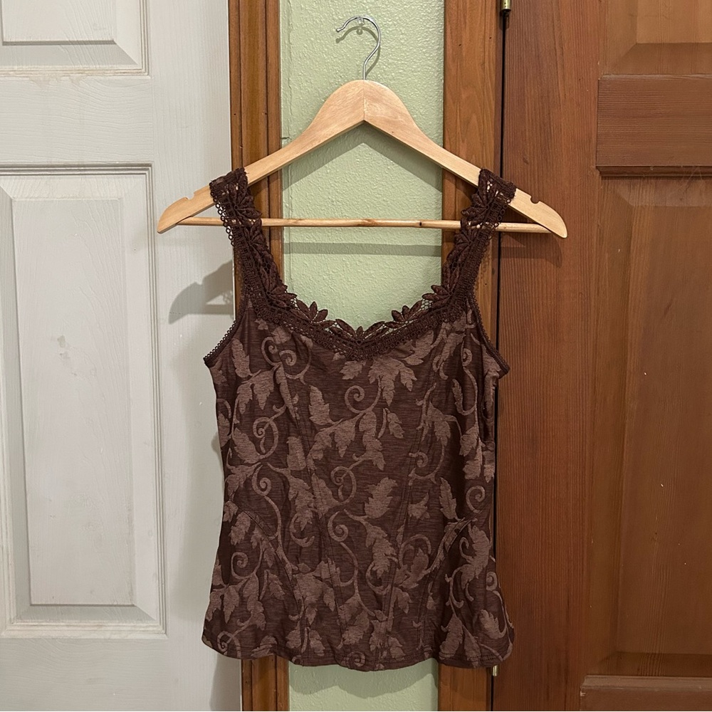 Chocolate Brown Lace Trim Tank w/ Leaf Pattern
